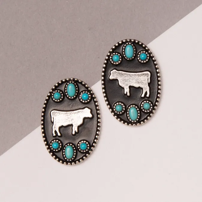 Western Oval Cow Silhouette Earrings