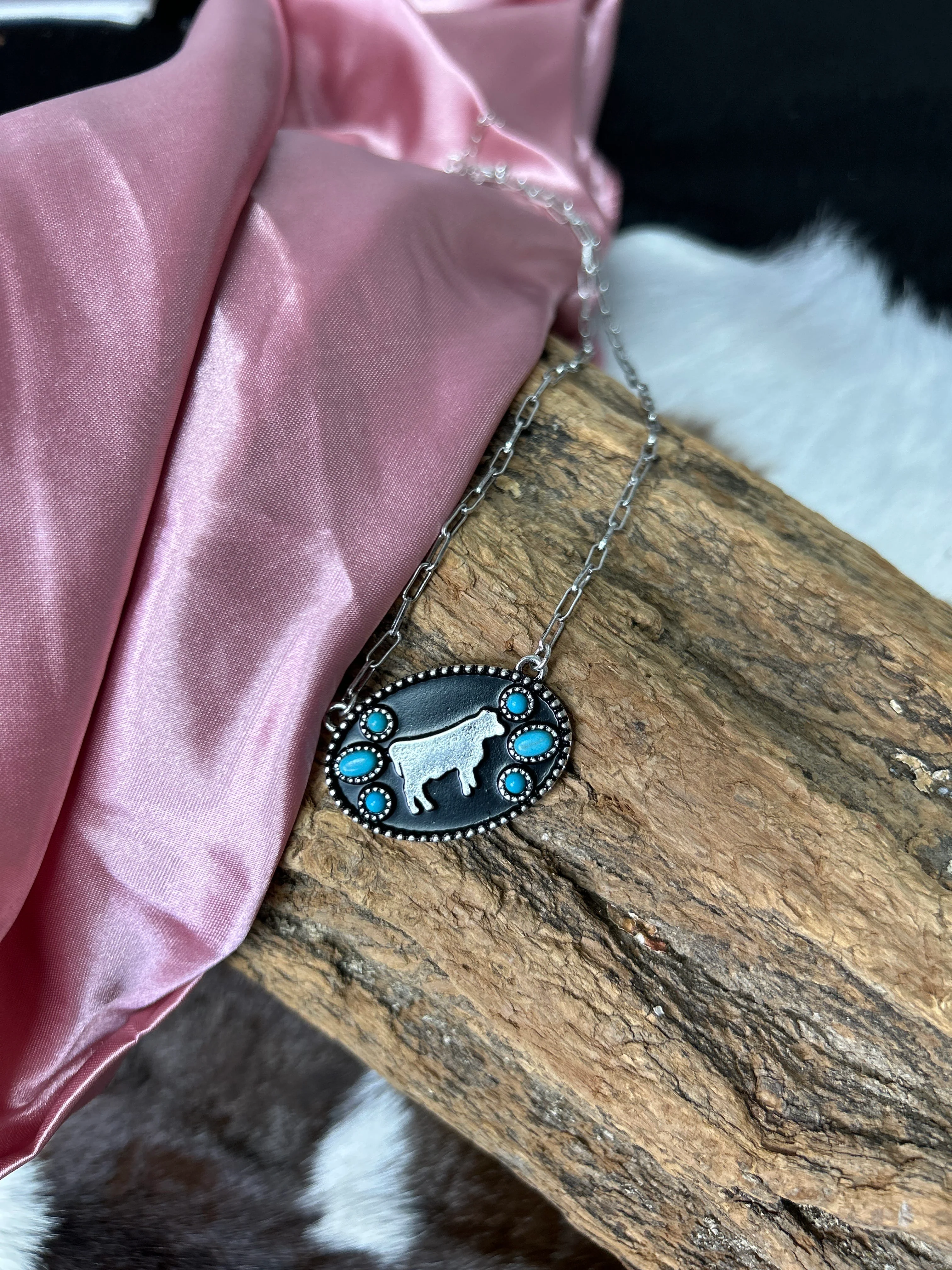 Western Oval Cow Silhouette Turquoise Necklace