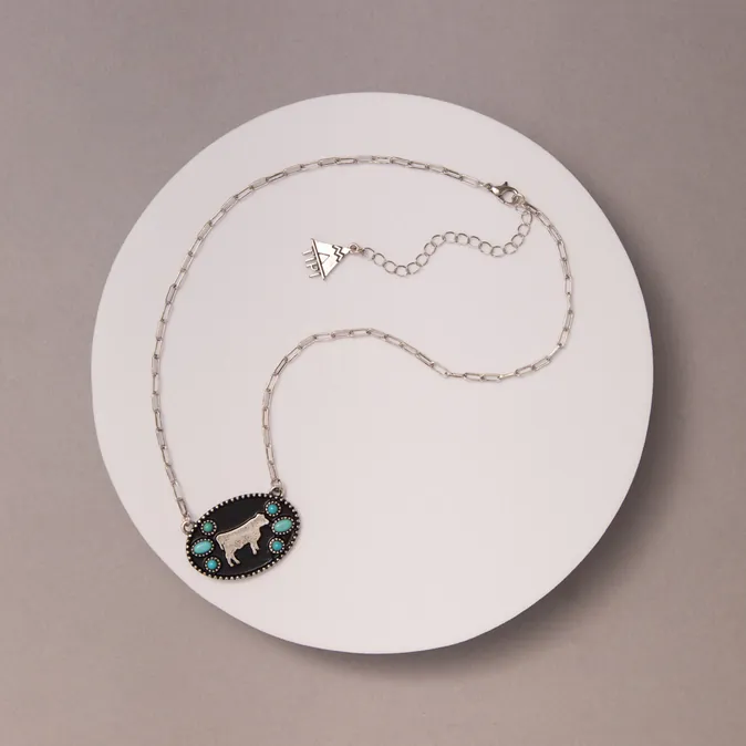 Western Oval Cow Silhouette Turquoise Necklace - Image 2