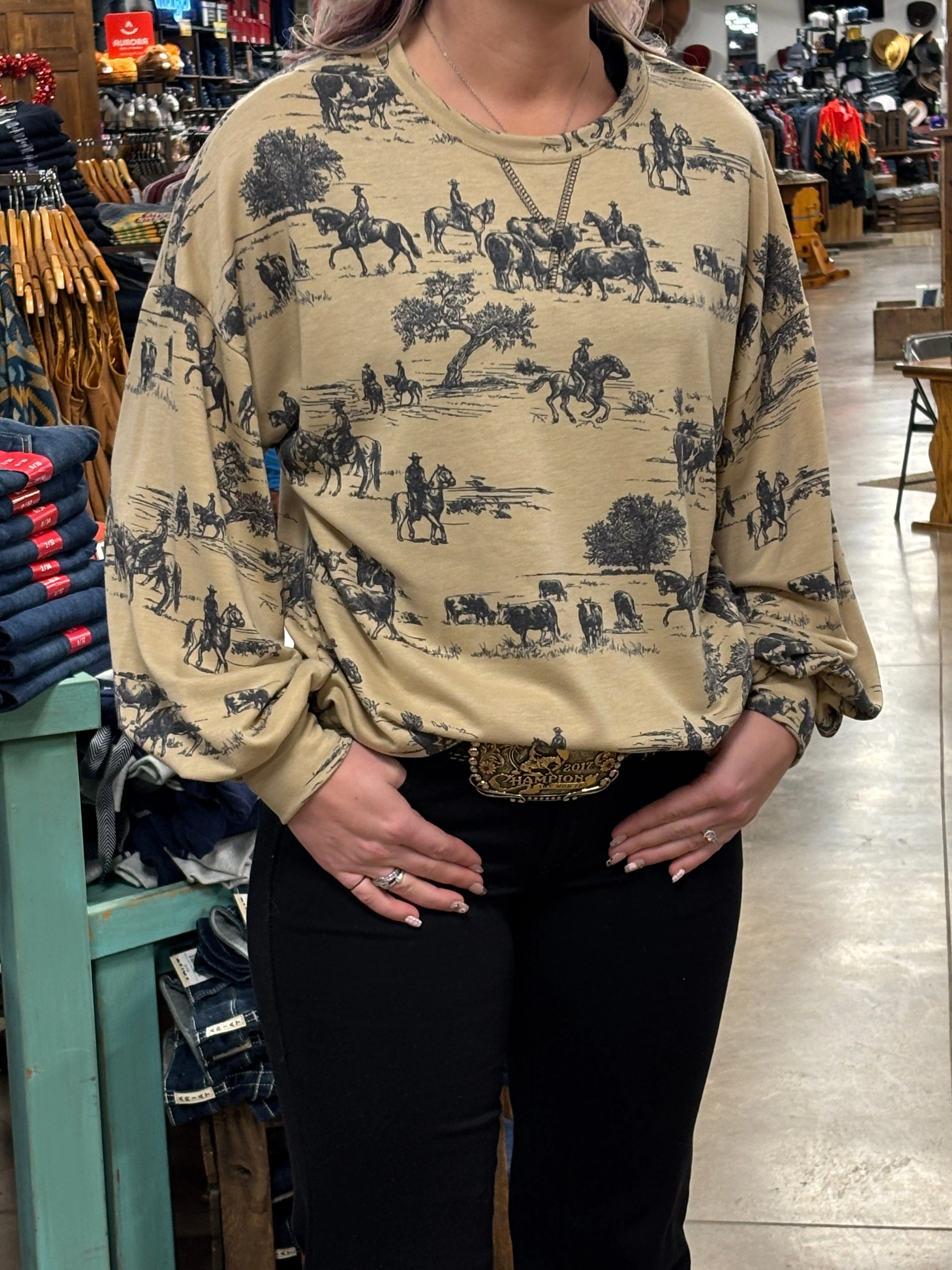 Western Print Long Sleeve Tee