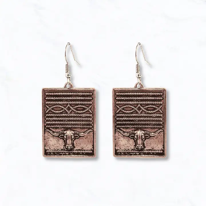 Western Steer Head Square Drop Earrings