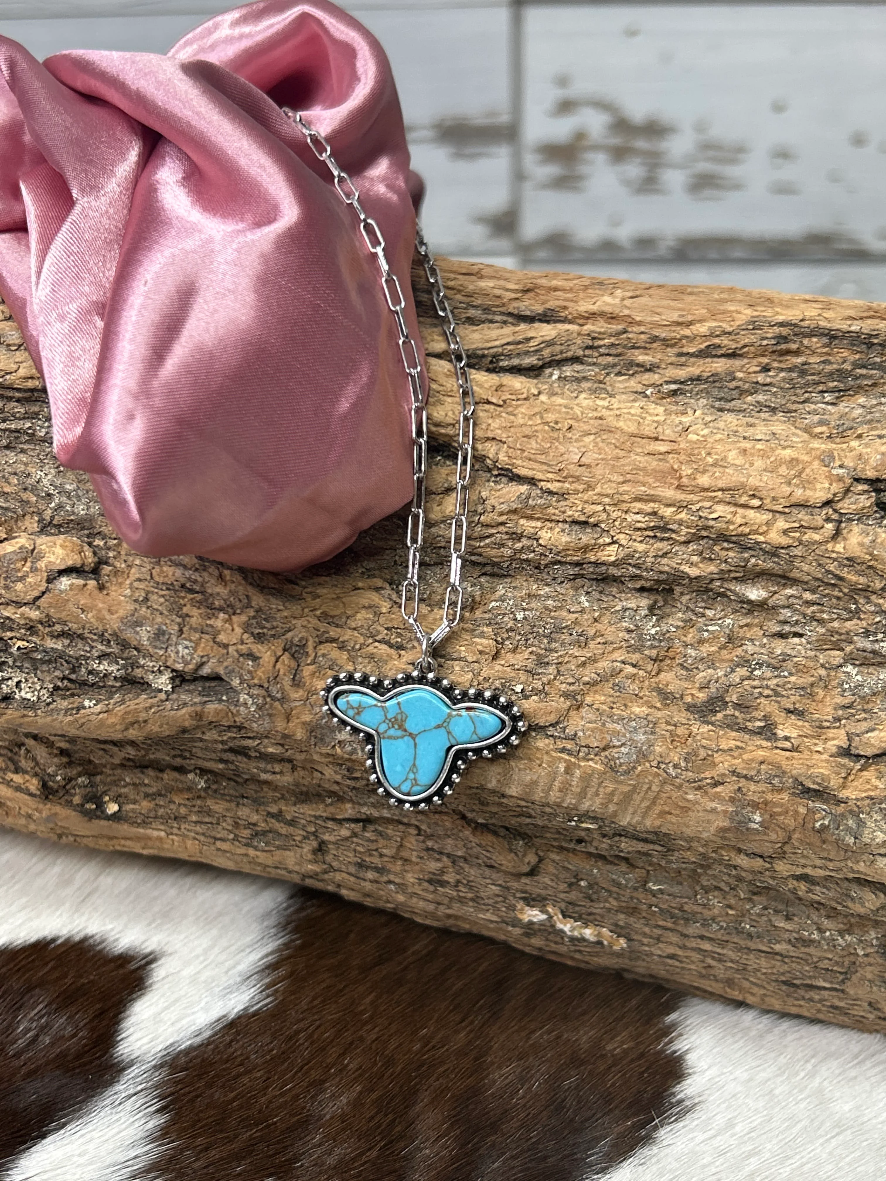 Western Turquoise Cow Head Pendant Necklace