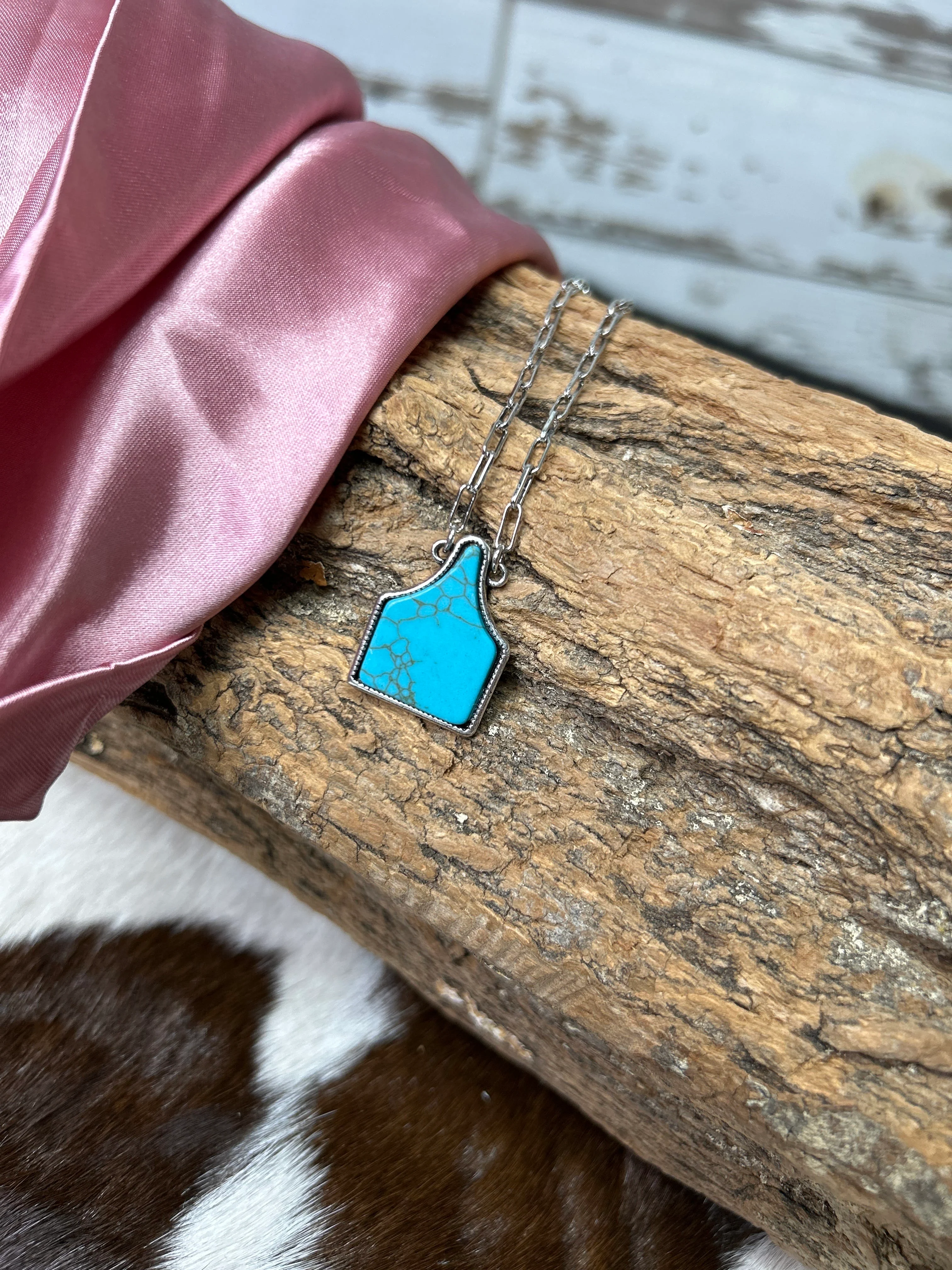 Western Turquoise Stone Cattle Tag Pendant Necklace