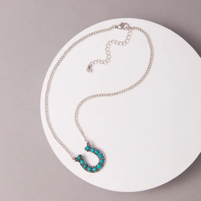 Western Turquoise Stone Horseshoe Pendant Necklace - Image 2