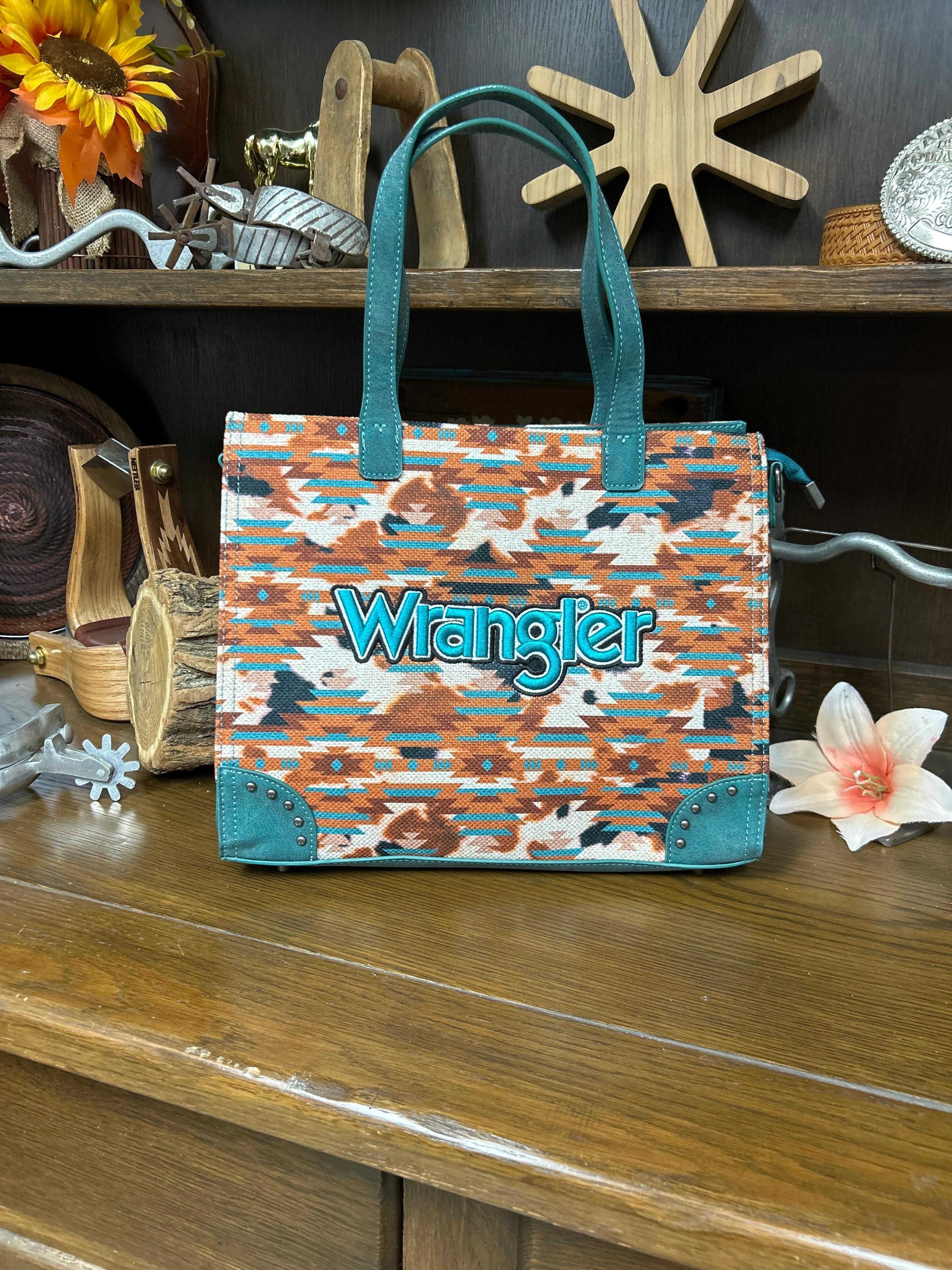 Wrangler Aztec Print Tote/Crossbody - Turquoise