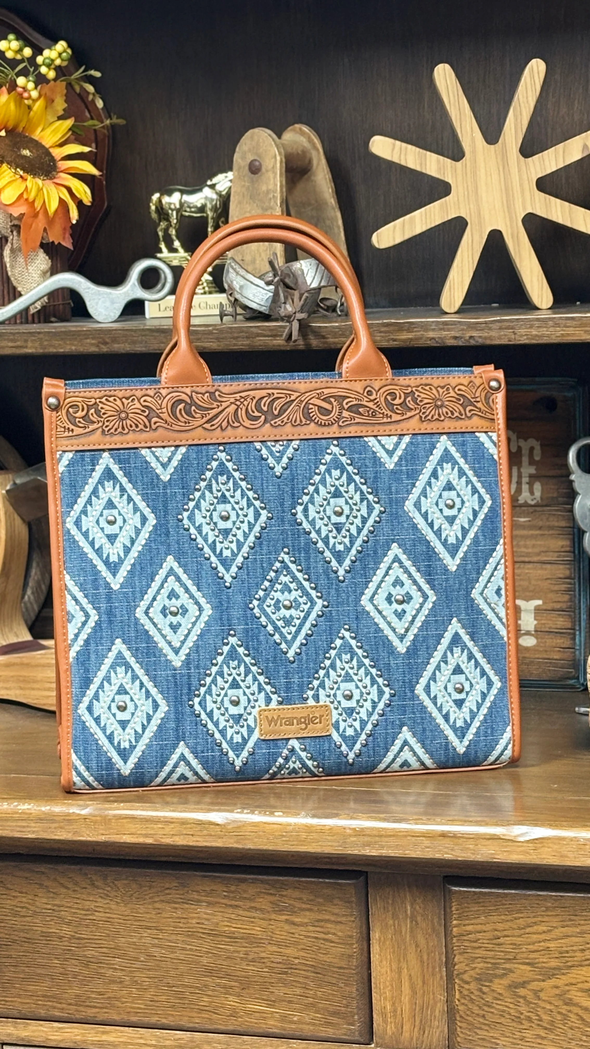 Wrangler Aztec Studded Tote/Crossbody ~ Jean - Image 2
