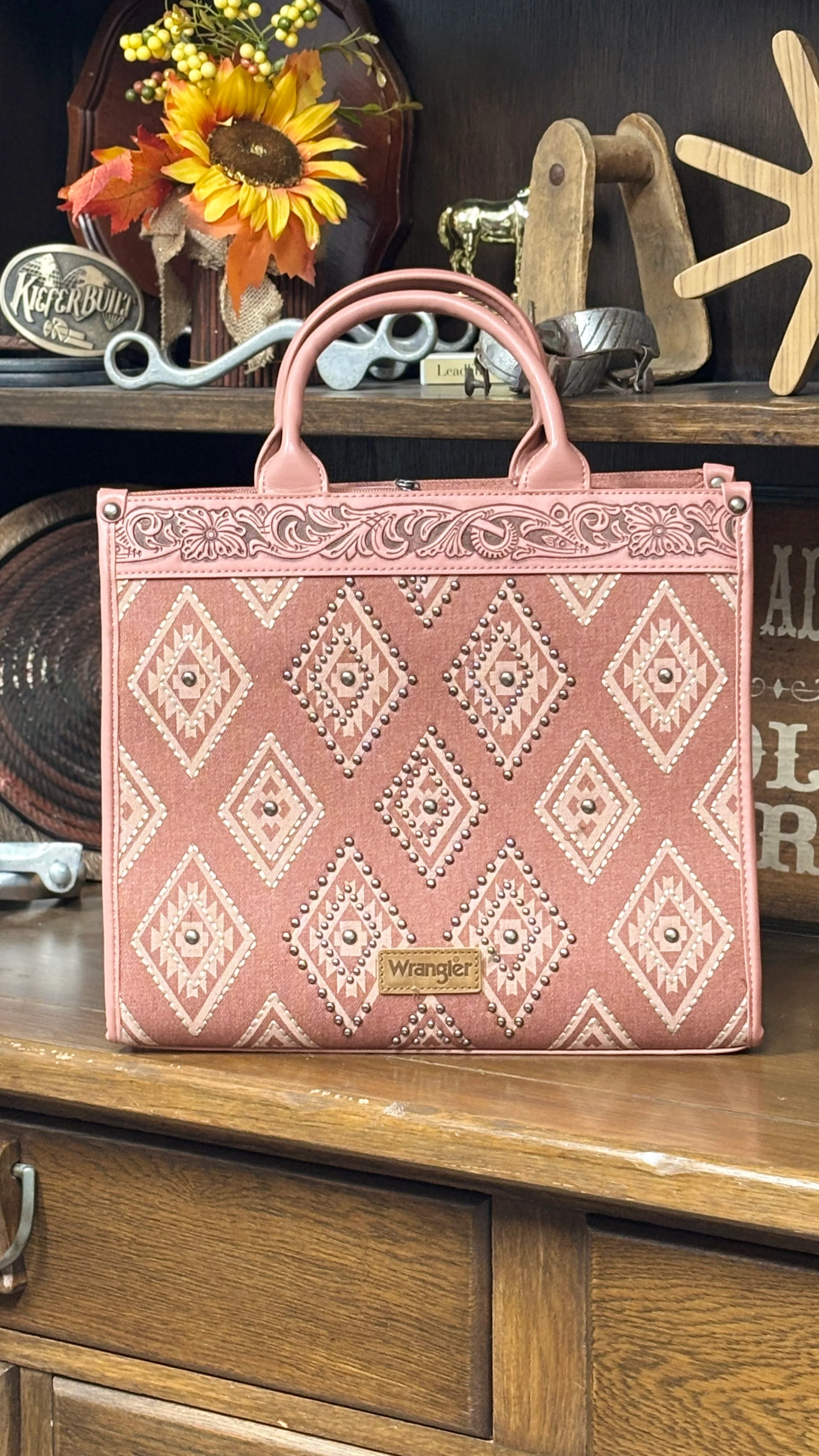 Wrangler Aztec Studded Tote/Crossbody ~ Pink - Image 2