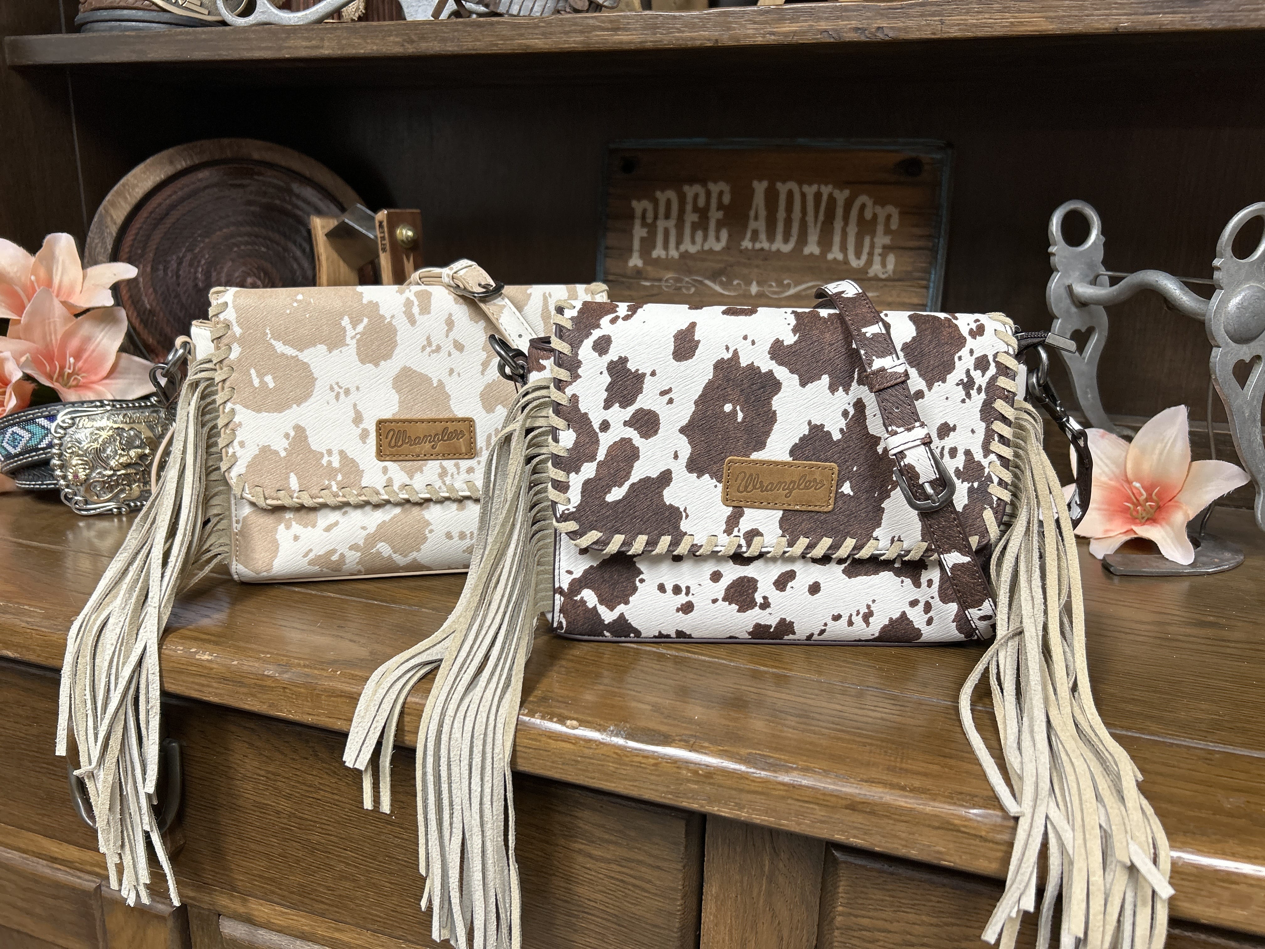 Wrangler Cow Print Fringe Crossbody Bag