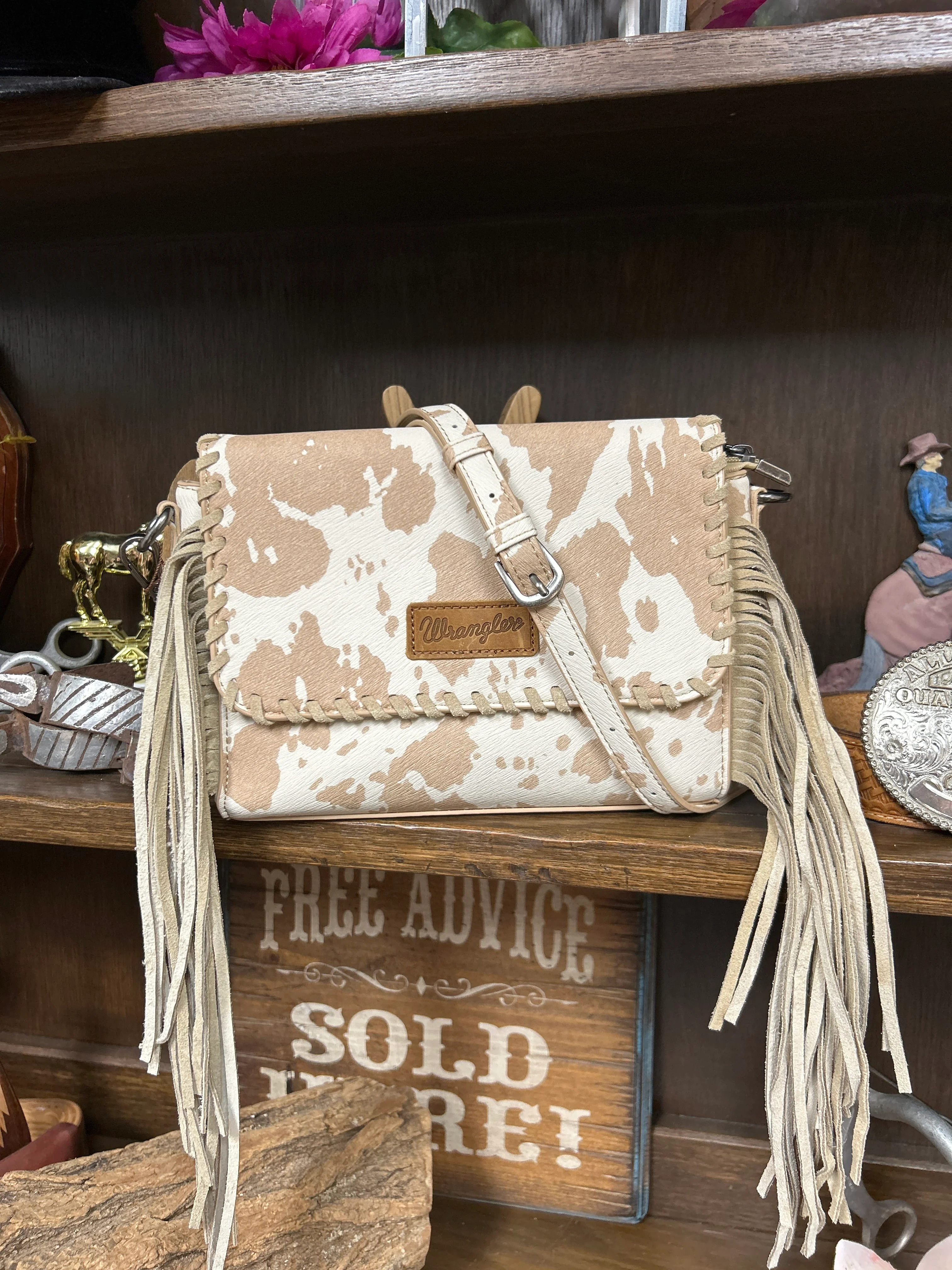 Wrangler Cow Print Fringe Crossbody Bag - Image 2