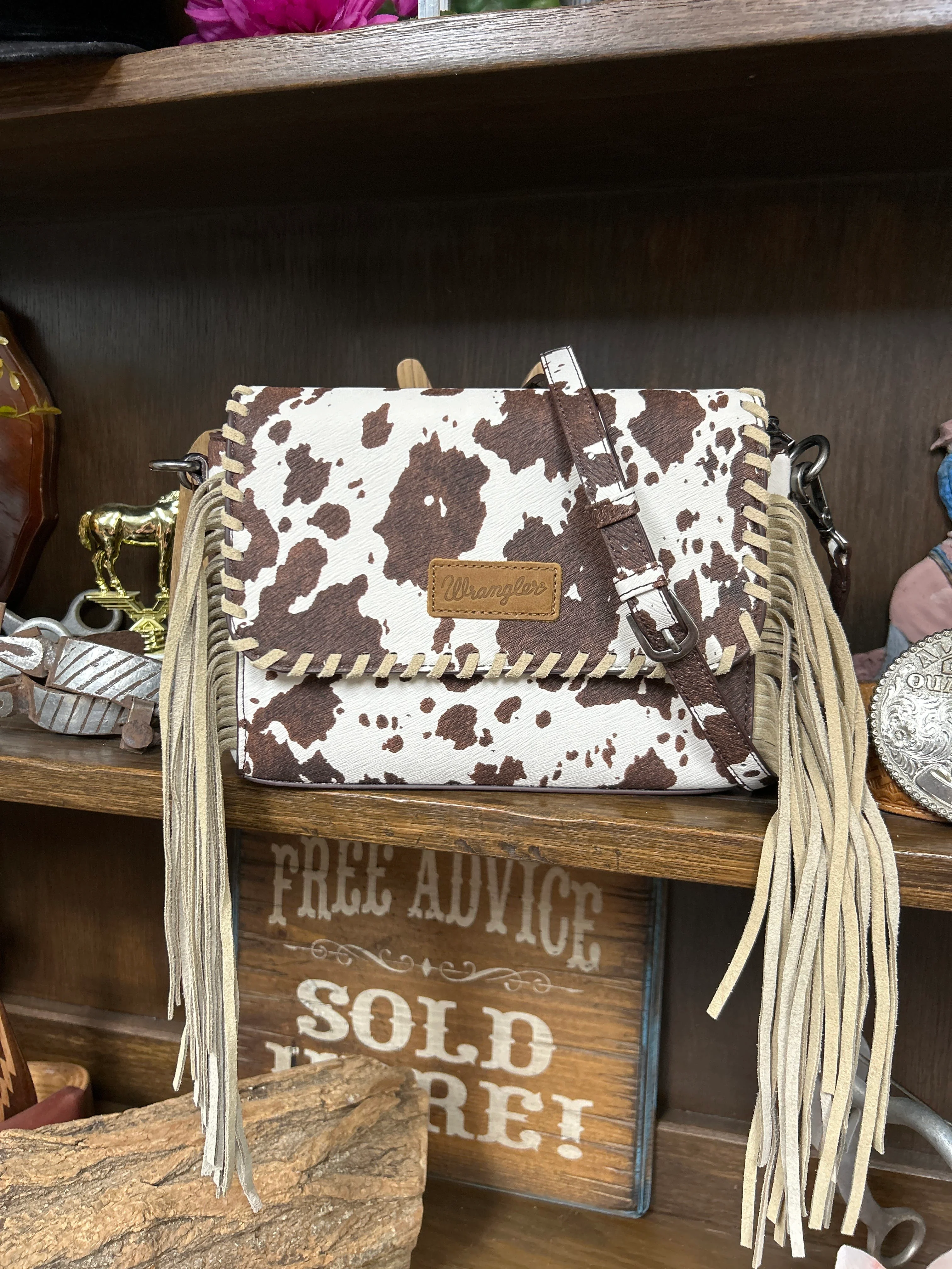 Wrangler Cow Print Fringe Crossbody Bag - Image 3