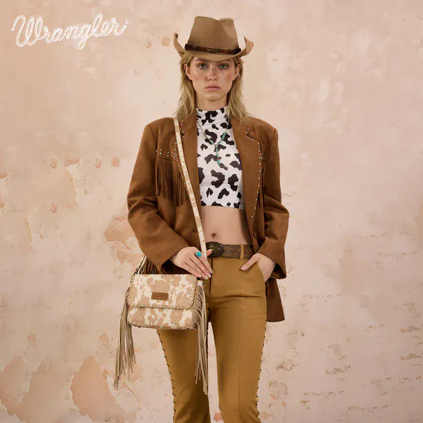 Wrangler Cow Print Fringe Crossbody Bag - Image 4