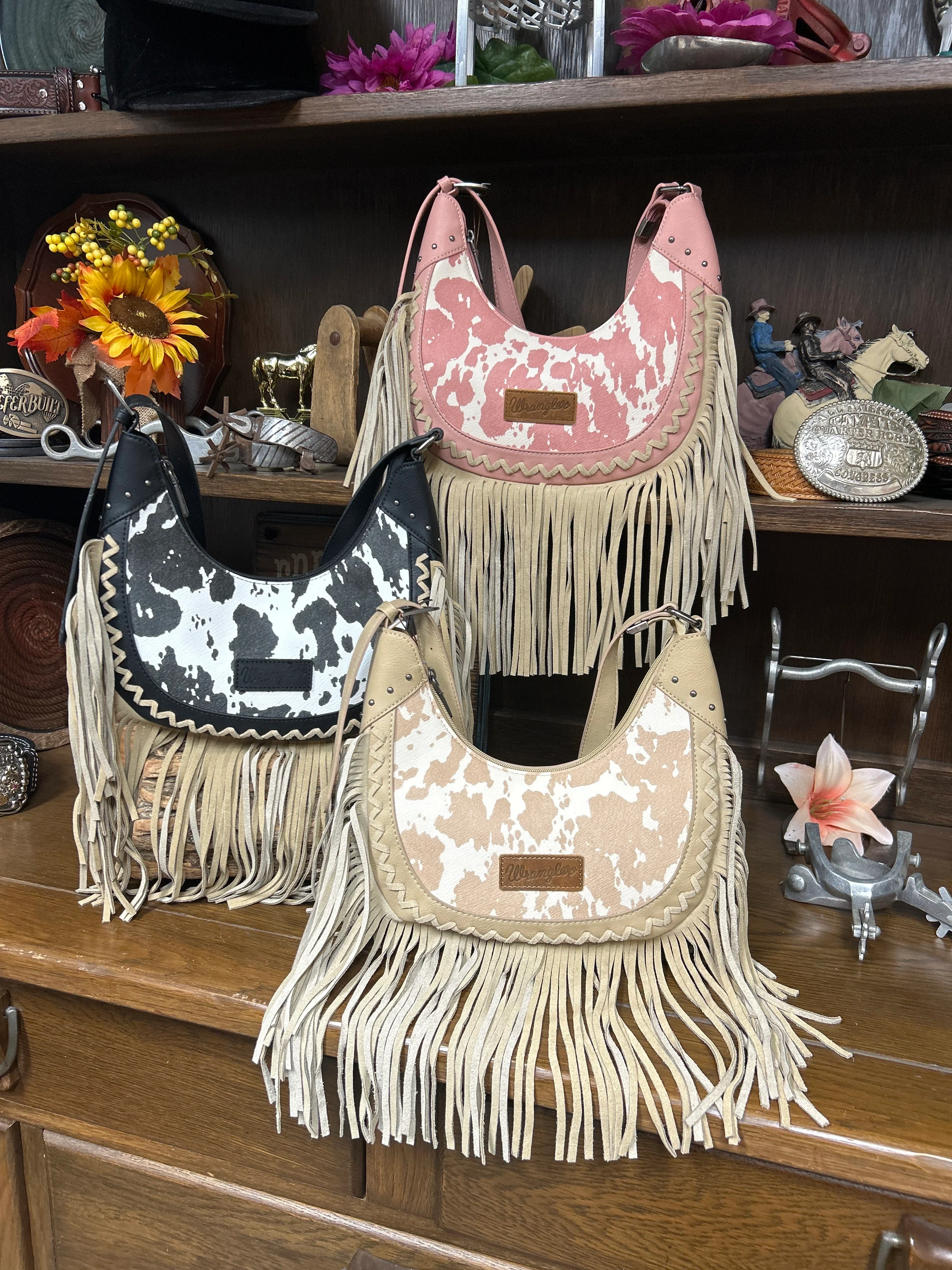 Wrangler Cow Print Fringe Shoulder Hobo Bag