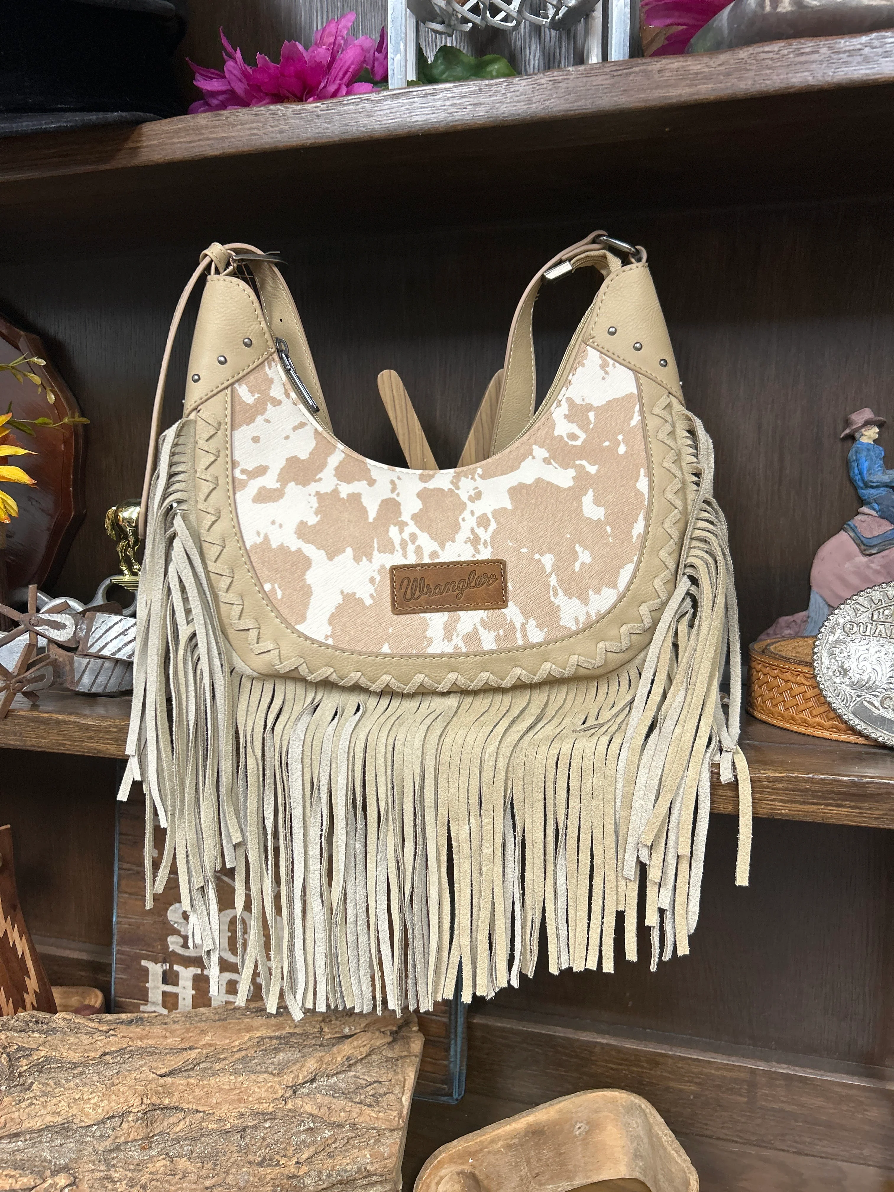 Wrangler Cow Print Fringe Shoulder Hobo Bag - Image 2