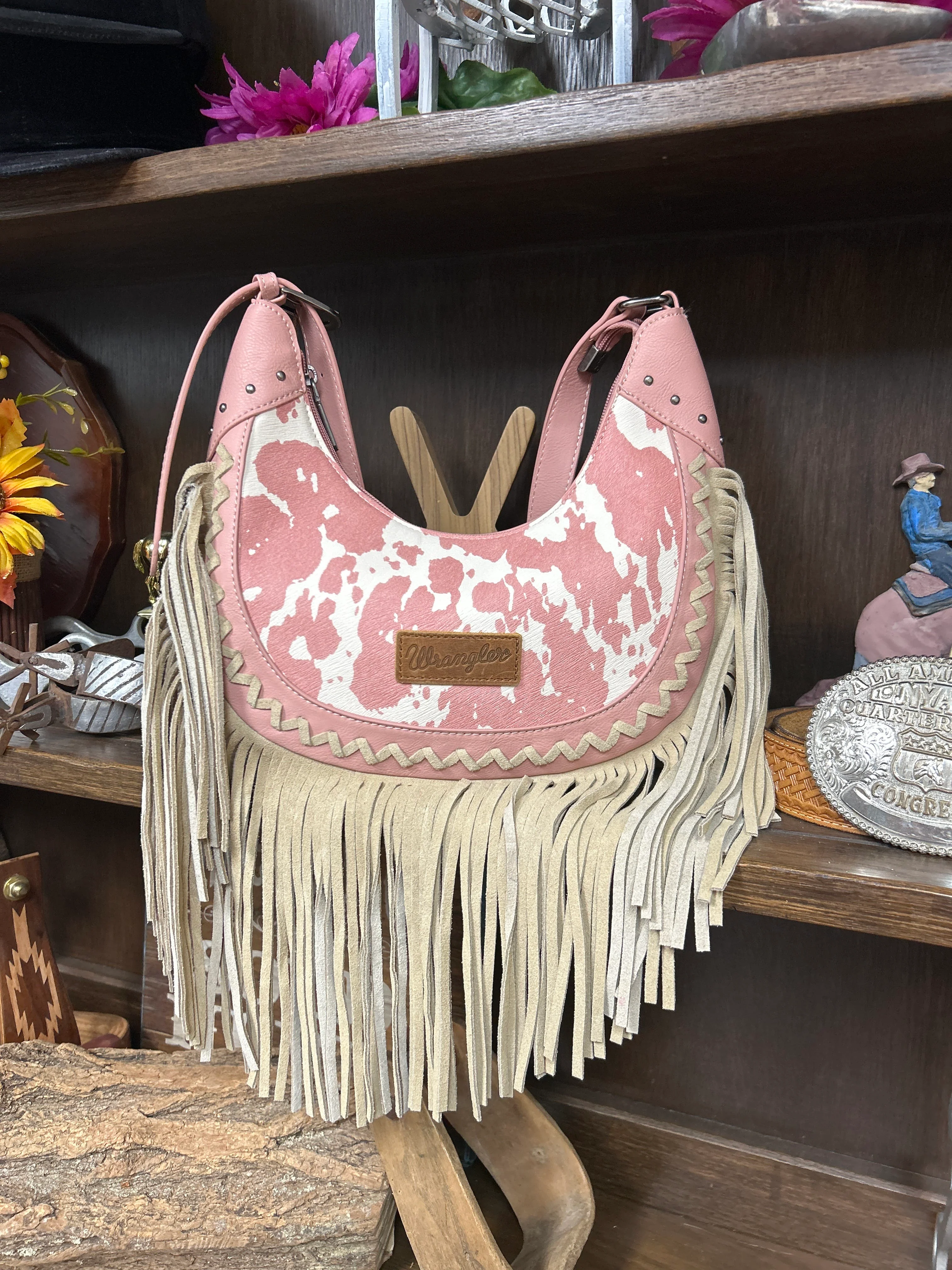 Wrangler Cow Print Fringe Shoulder Hobo Bag - Image 3