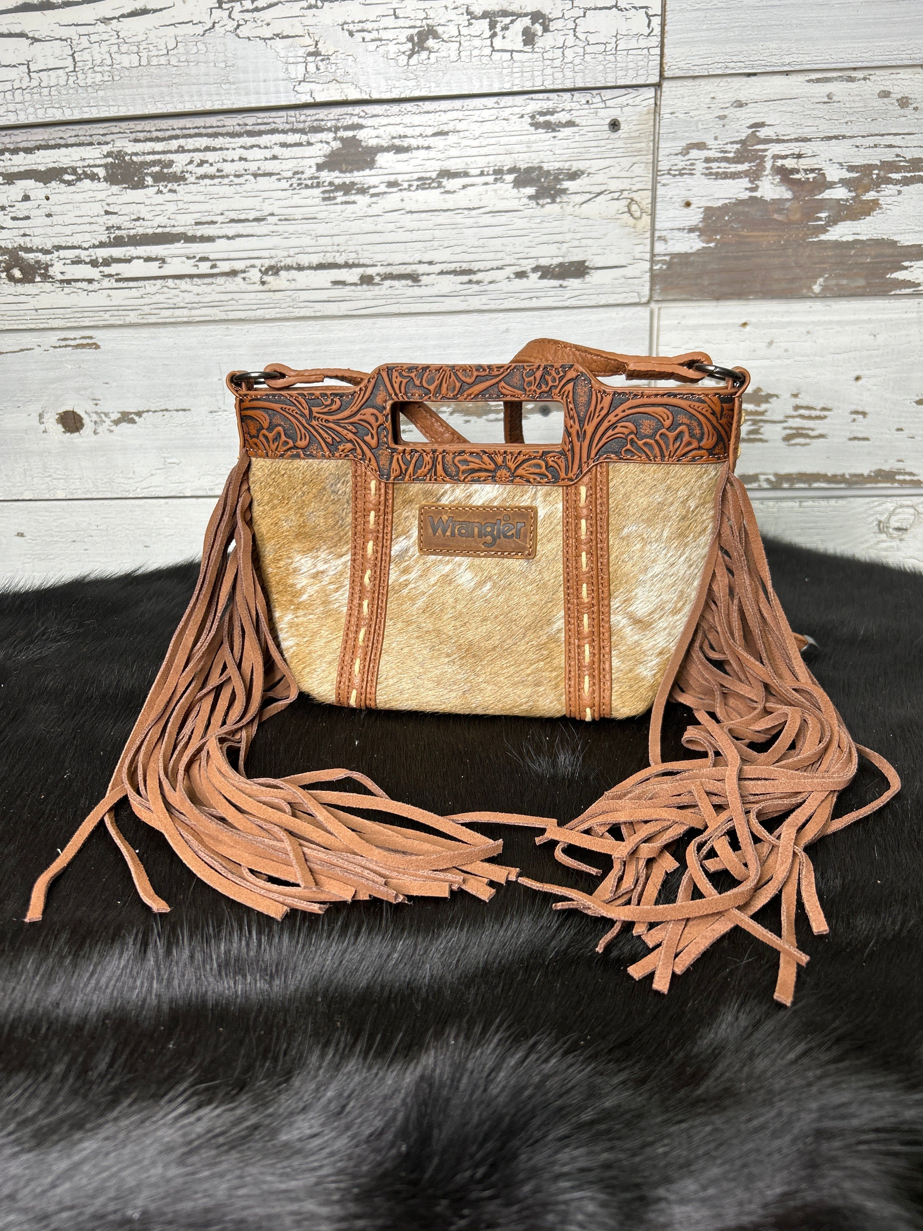 Wrangler Cowhide Top Handle Fringe Crossbody - Brown
