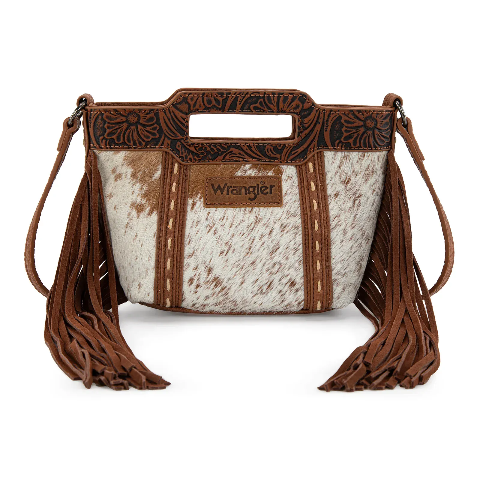 Wrangler Cowhide Top Handle Fringe Crossbody - Brown - Image 2