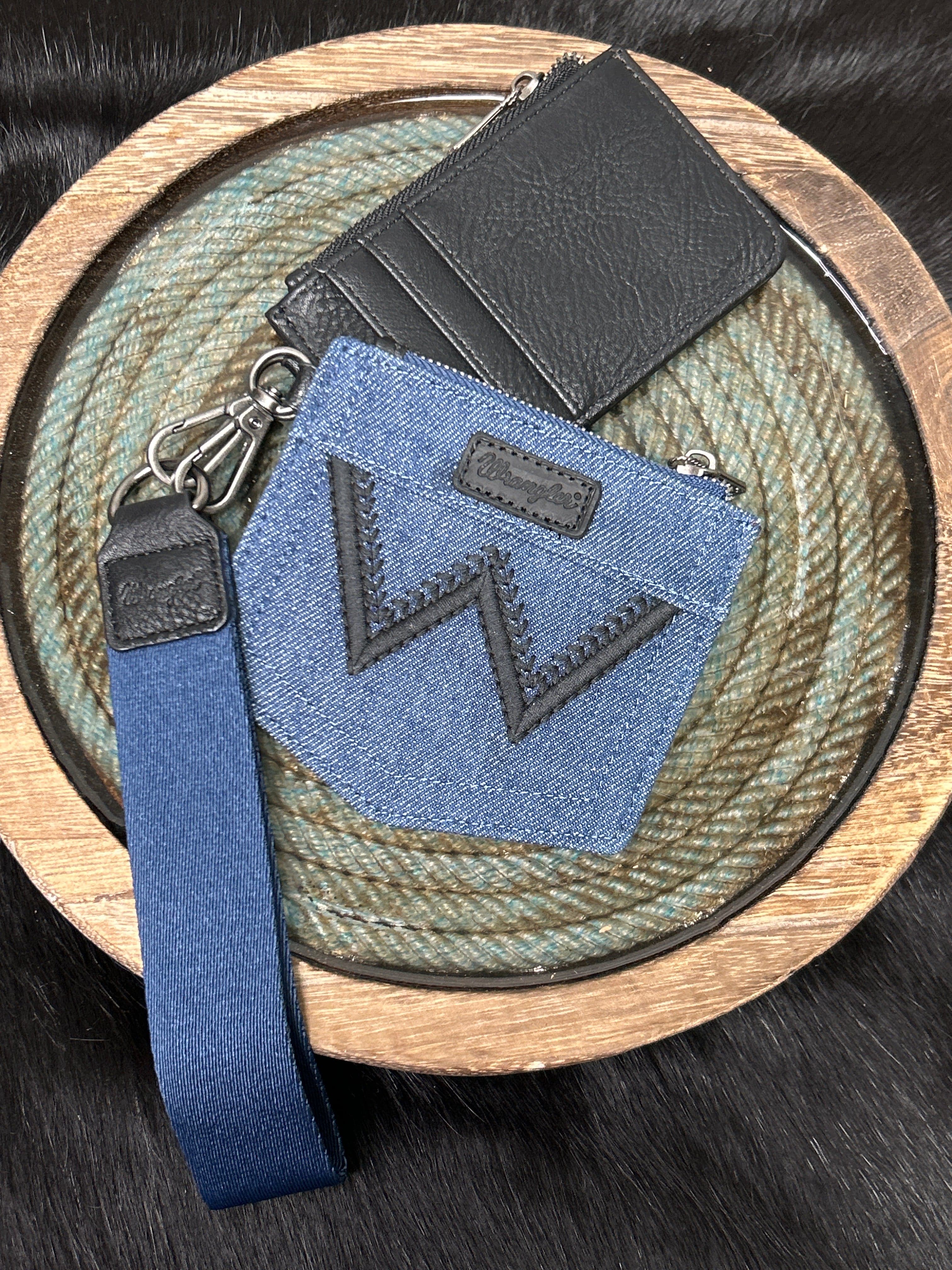 Wrangler logo "W" Embroidered Dual Pouch Wristlet ~ Black