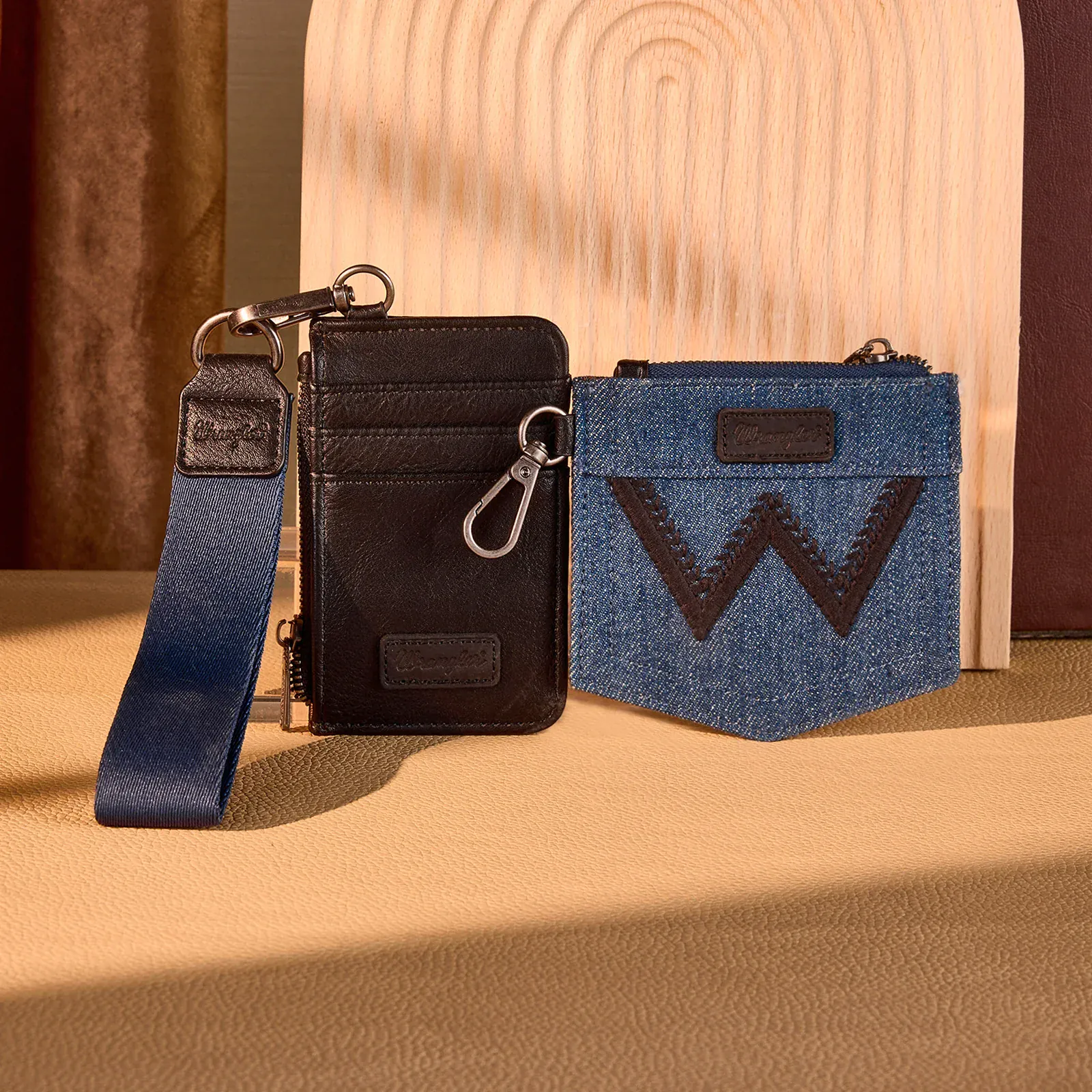 Wrangler logo "W" Embroidered Dual Pouch Wristlet ~ Black - Image 2
