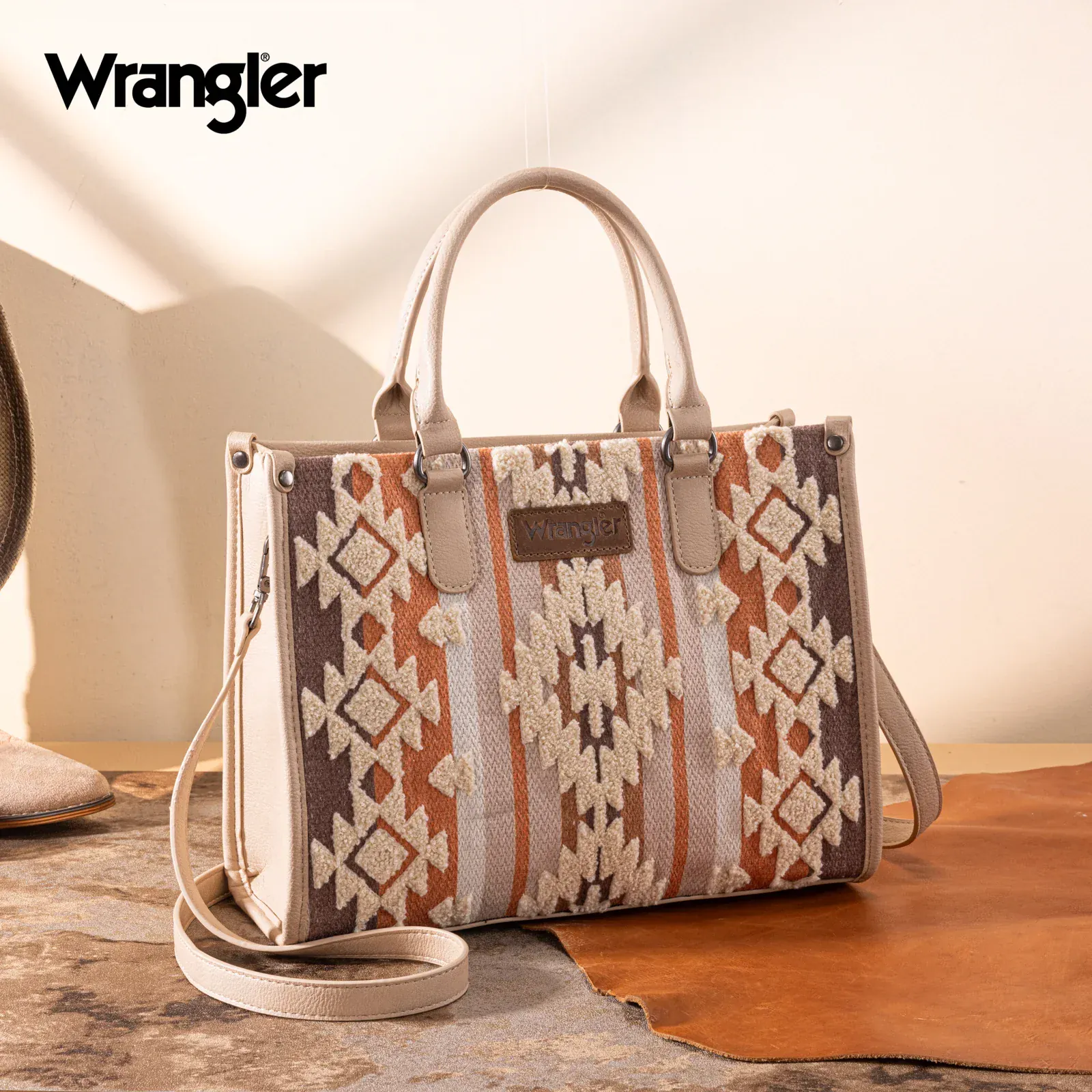 Wrangler Sherpa Aztec Canvas Tote/Crossbody - Tan - Image 2