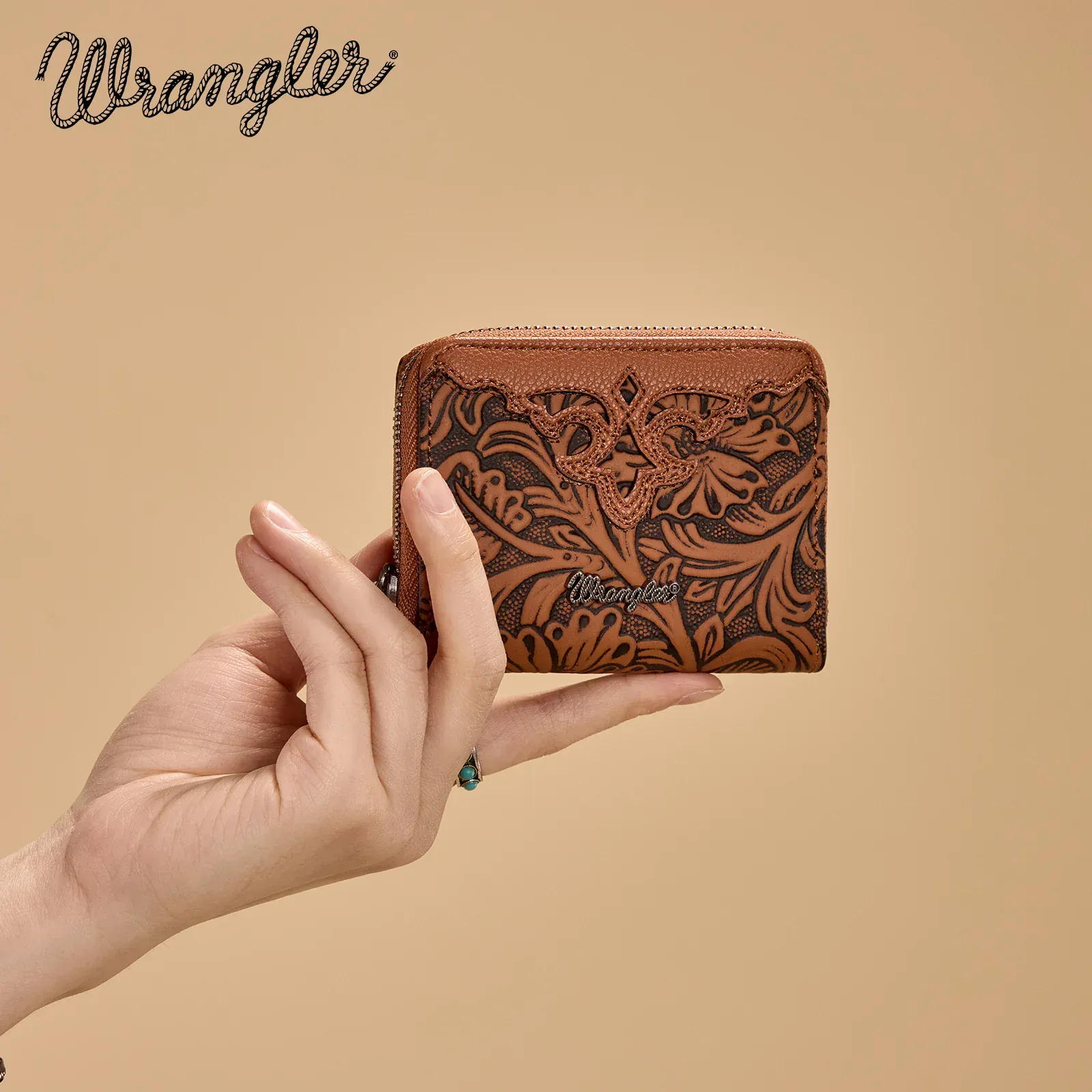 Wrangler Tooled Zip-Around Wallet ~ Brown - Image 2